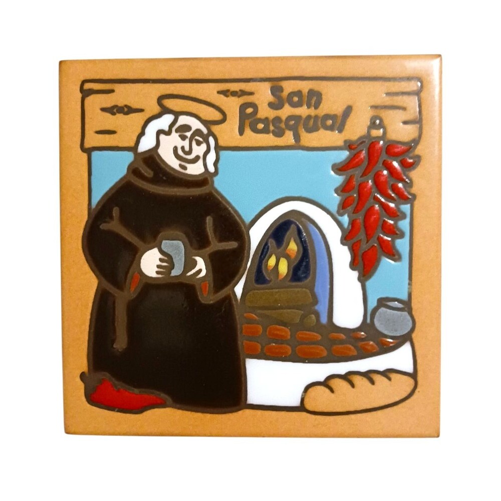 Vtg Masterworks Art Tile Trivet San Pasqual Patron Saint Of Cooks Kitchens USA